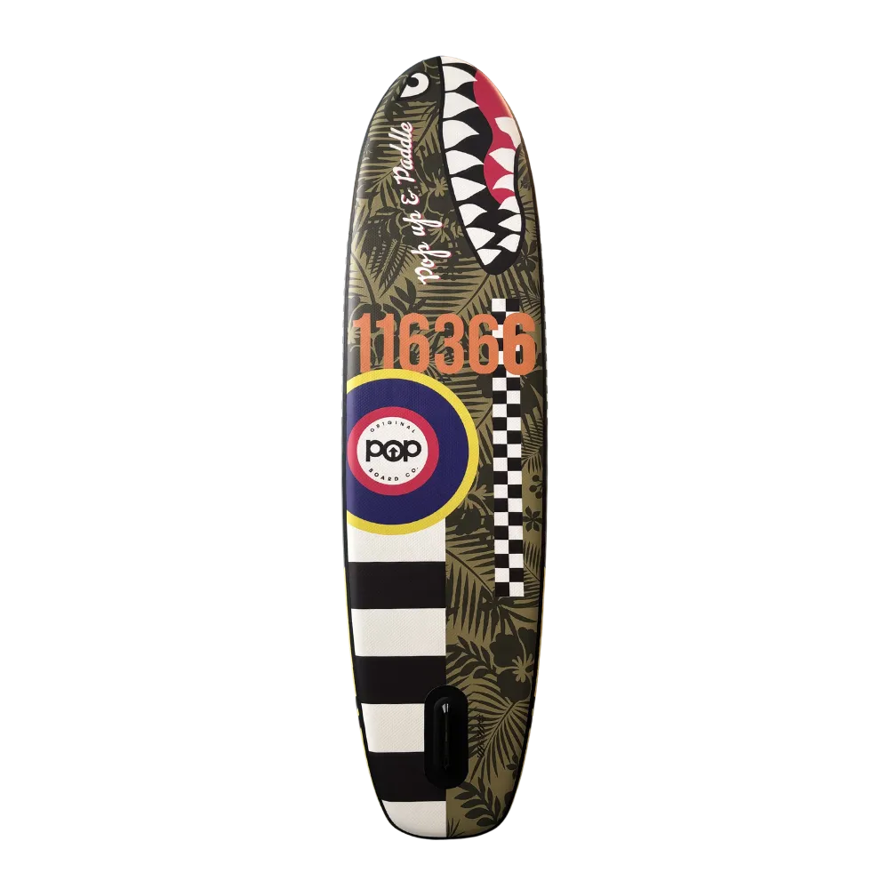 Bottom view of the 11'6" El Capitan Bomber inflatable paddleboard, displaying the "116366" tail number graphic, P-51 Mustang shark mouth art, and center fin box on a camo background.