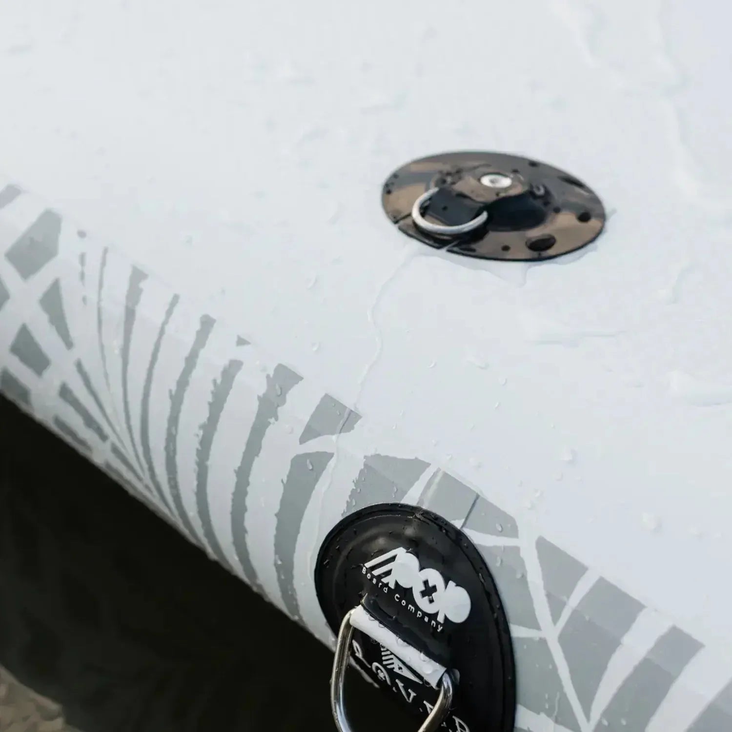 Close-up of POP YachtDock inflatable dock showing reinforced D-ring for anchoring and gear attachment.