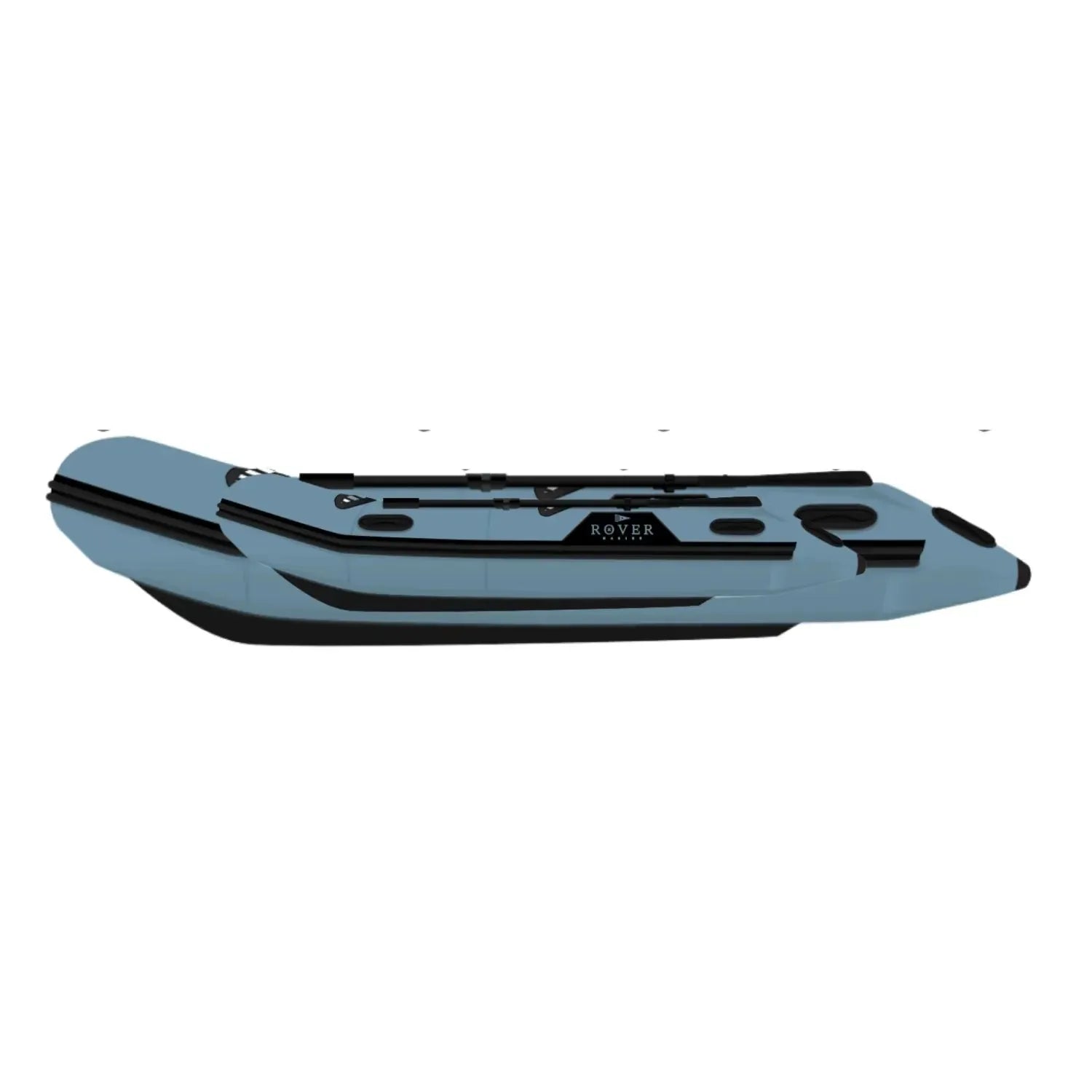 Side view of the Rover Marine Battle Boat inflatable watercraft, showcasing its sleek blue and black design with reinforced sides and durable construction.