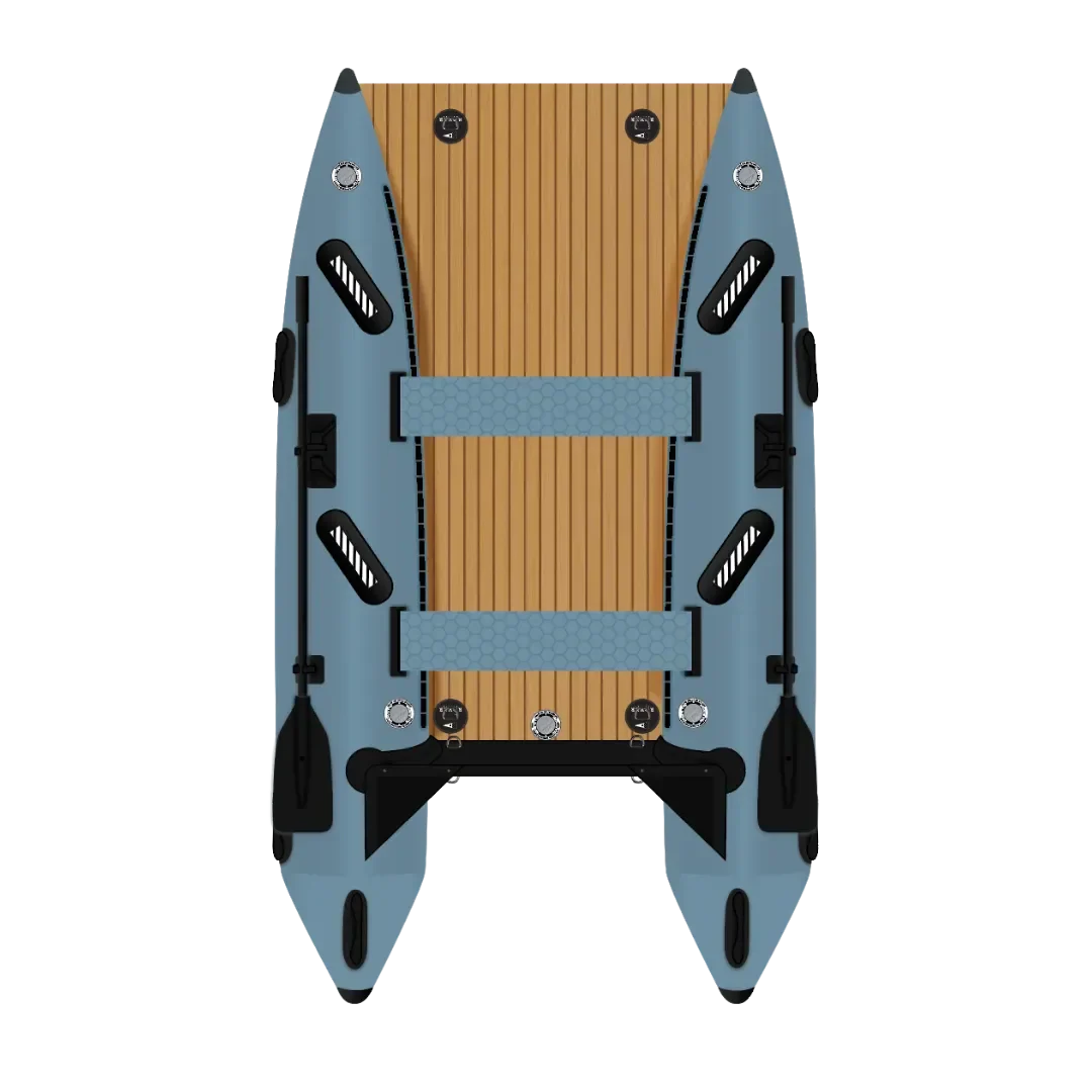 Rover Marine Battle Cat inflatable catamaran top view with reinforced deck.