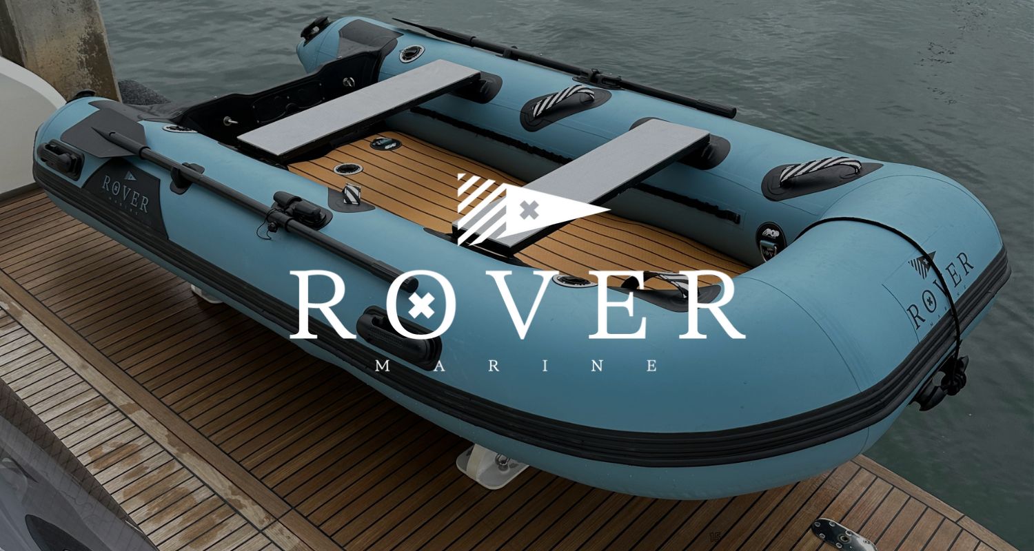 Rover Marine inflatable boat docked showing top view, seating, and deck layout