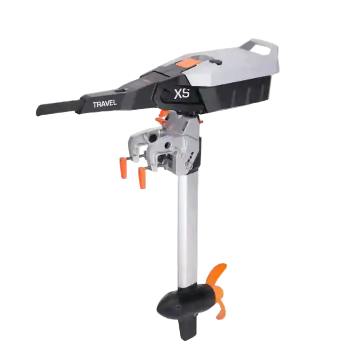 Torqeedo Travel XS electric outboard motor, full side view showing the battery head with tiller handle, transom mount, long shaft and orange propeller