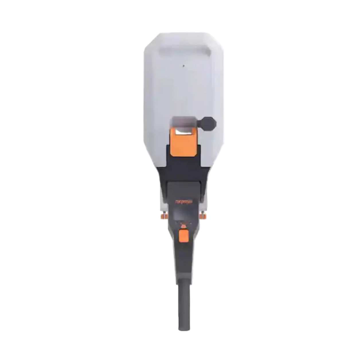 Torqeedo Travel XS electric outboard motor, rear view of the battery head and tiller handle with orange accents