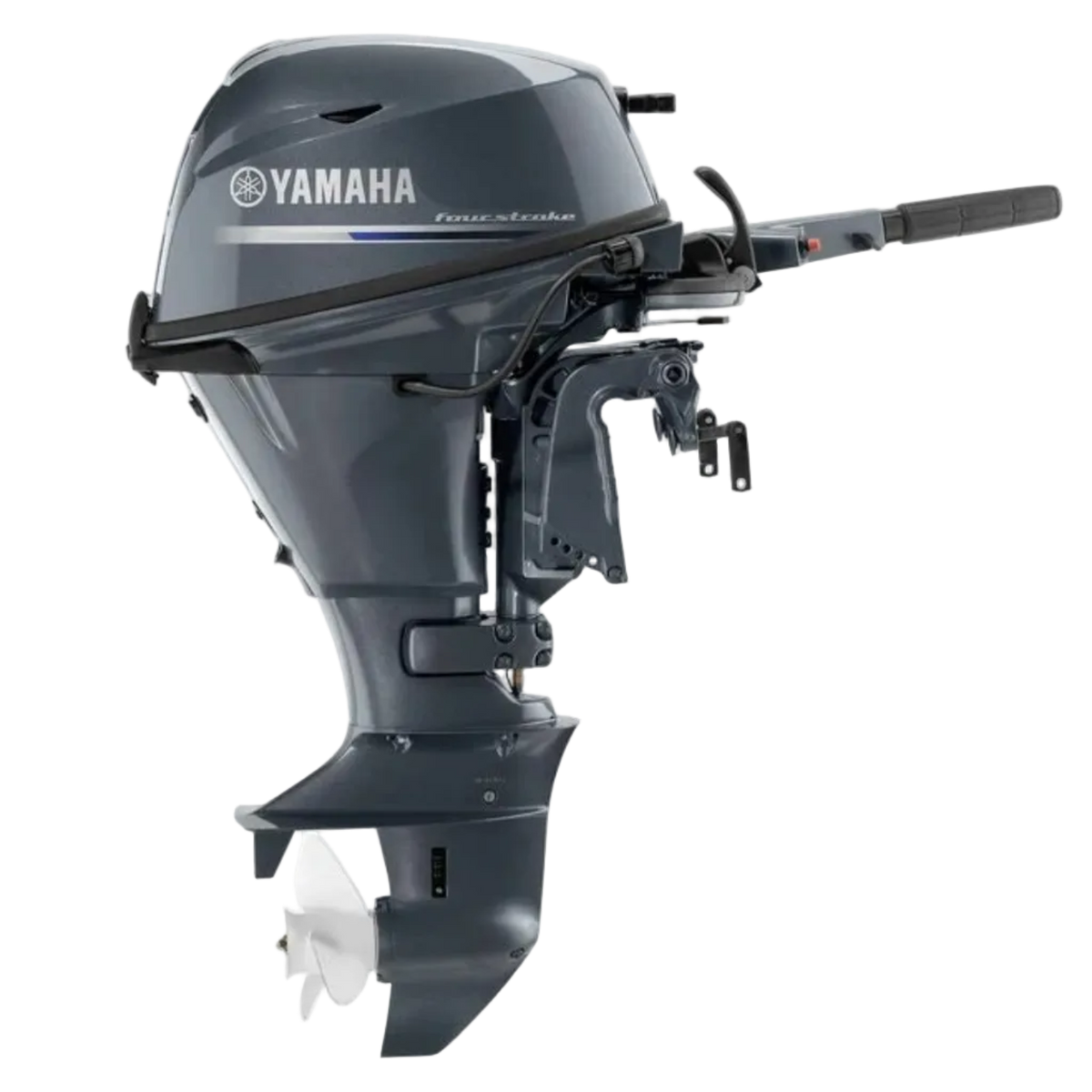 Yamaha 15 HP 4-stroke tiller outboard motor, side profile view
