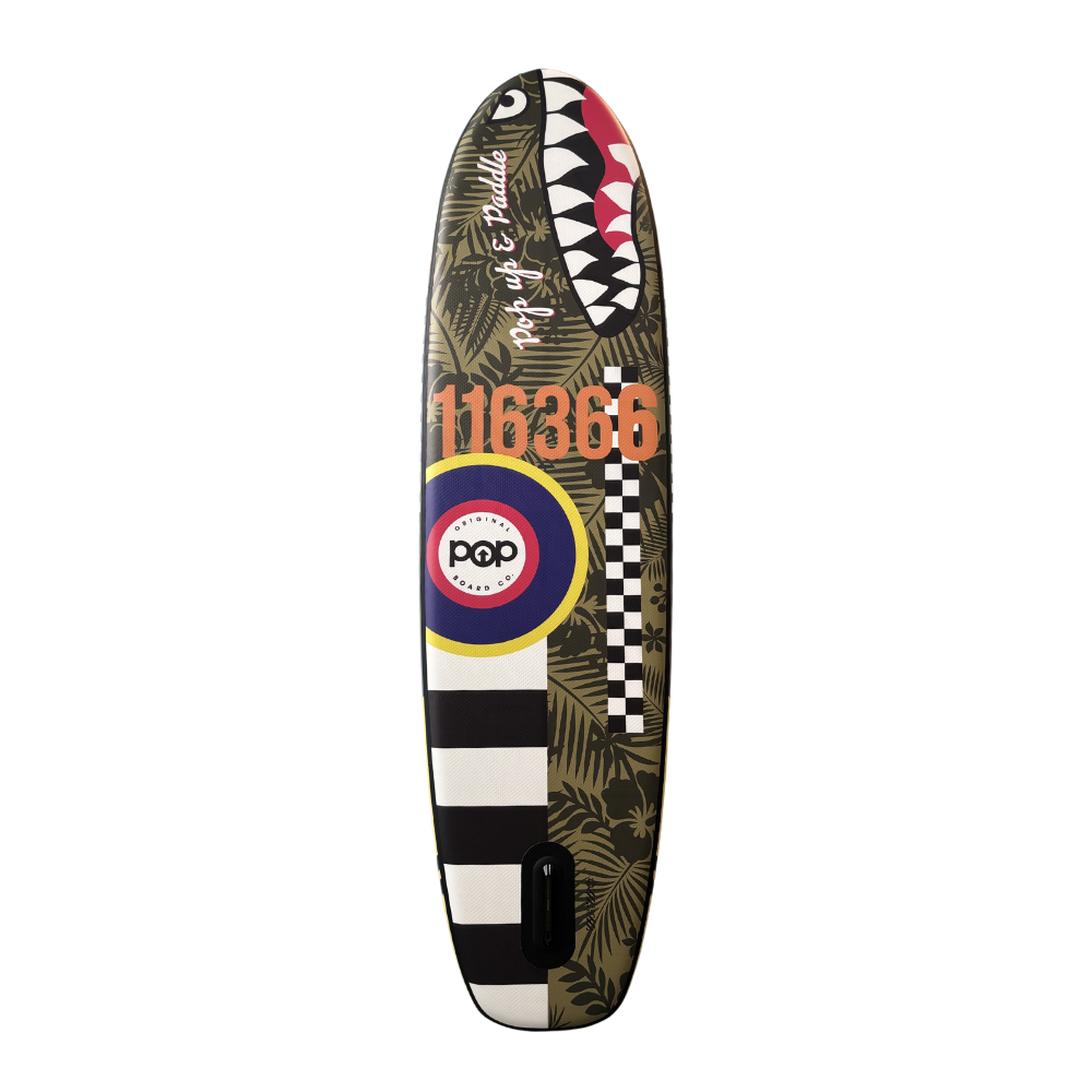 Bottom view of the 11'6" El Capitan Bomber inflatable paddleboard, displaying the "116366" tail number graphic, P-51 Mustang shark mouth art, and center fin box on a camo background.