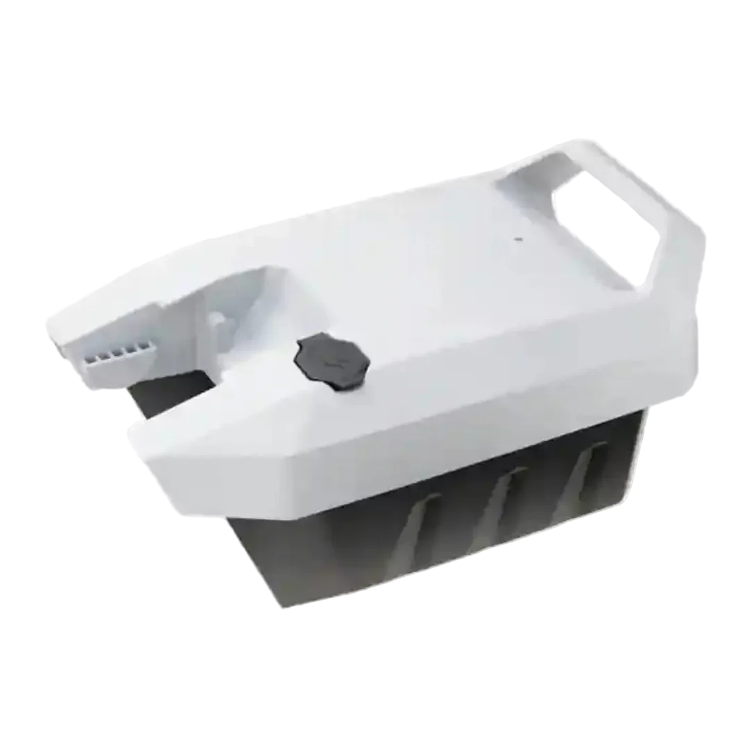 White and black plastic container with a handle on a white background