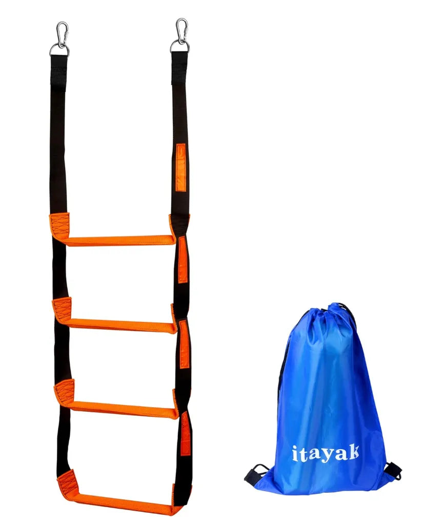 Orange and black ladder with blue drawstring bag labeled 'itayak' on a white background