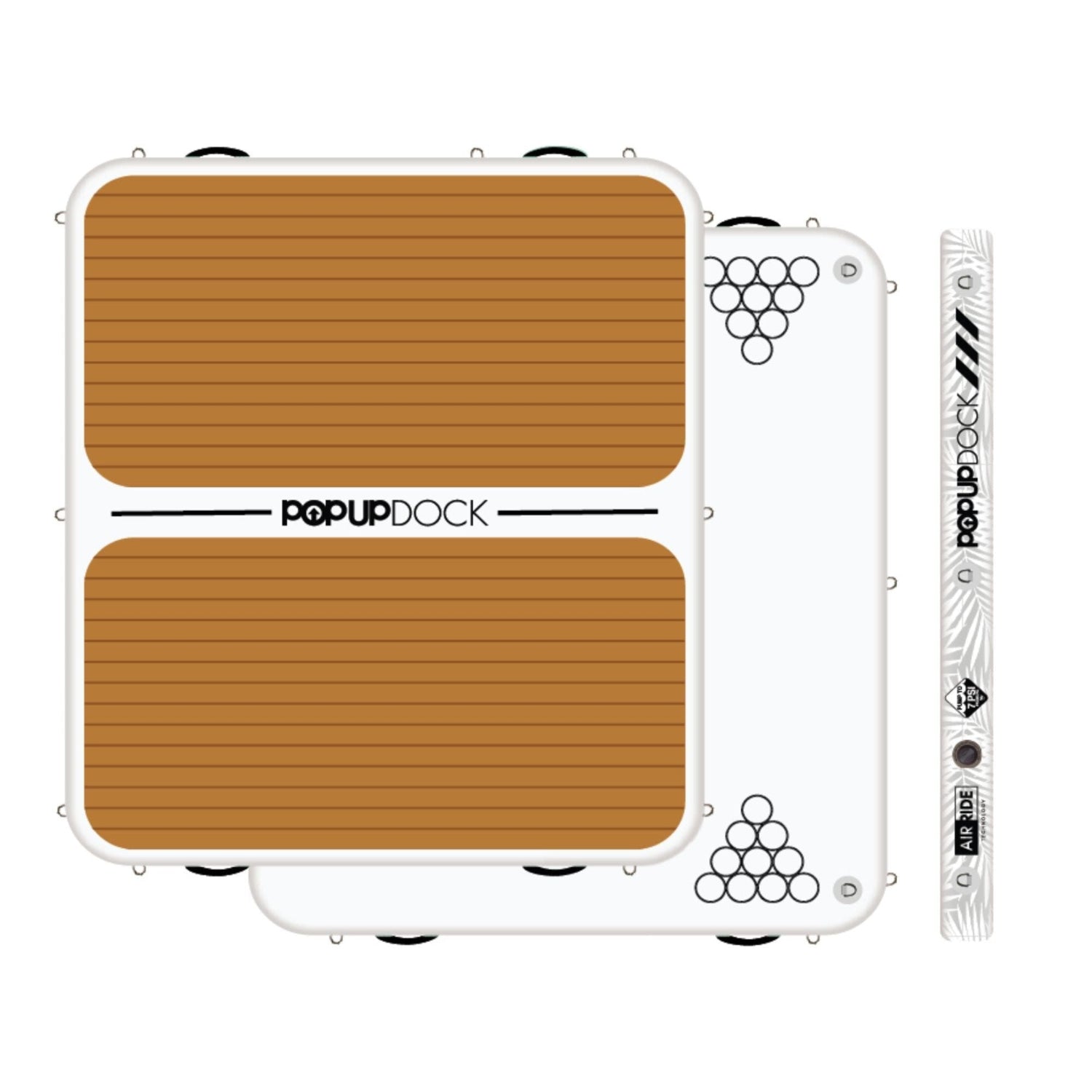 An inflatable dock with beige and white colors, featuring multiple D-rings and a beer pong cup template on the side.