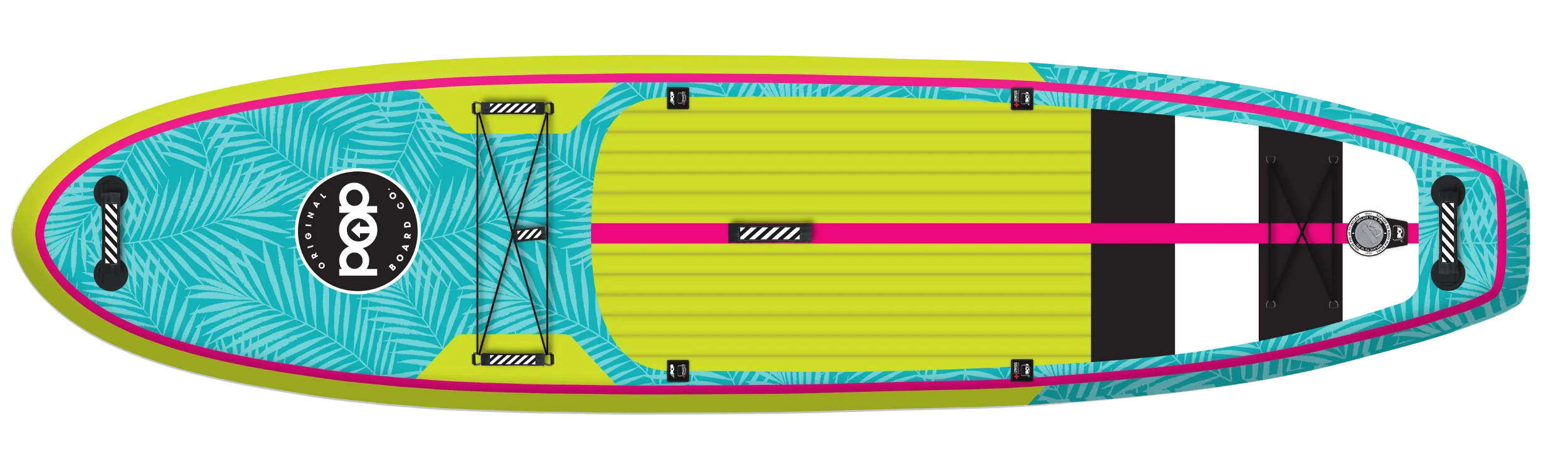 Top view of POP Yacht Hopper paddleboard in yellow and teal design with traction pad and bungee cords.