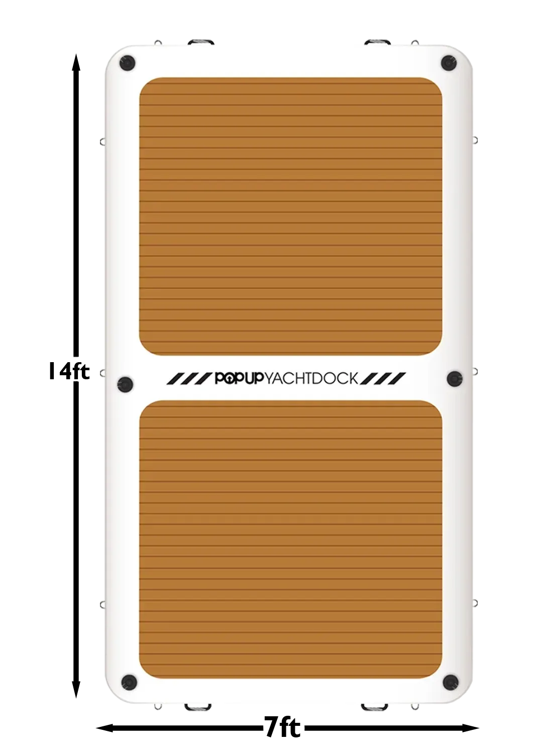 POP YachtDock inflatable dock top view showing 14x7 foot dimensions and teak-style non-slip surface.