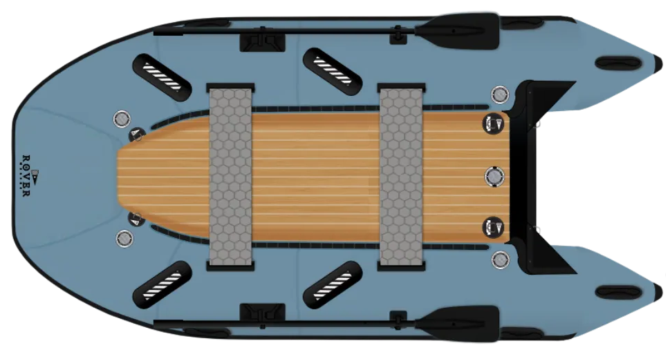 Rover Marine Battle Boat inflatable boat with wood-style floor deck.