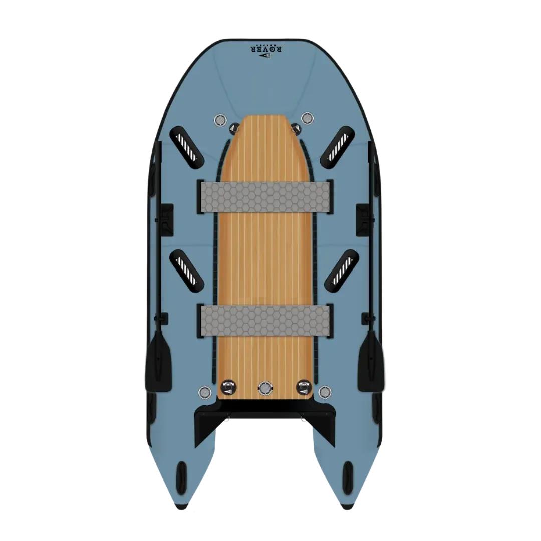 Rover Marine Battle Boat inflatable boat with wood-style floor deck.