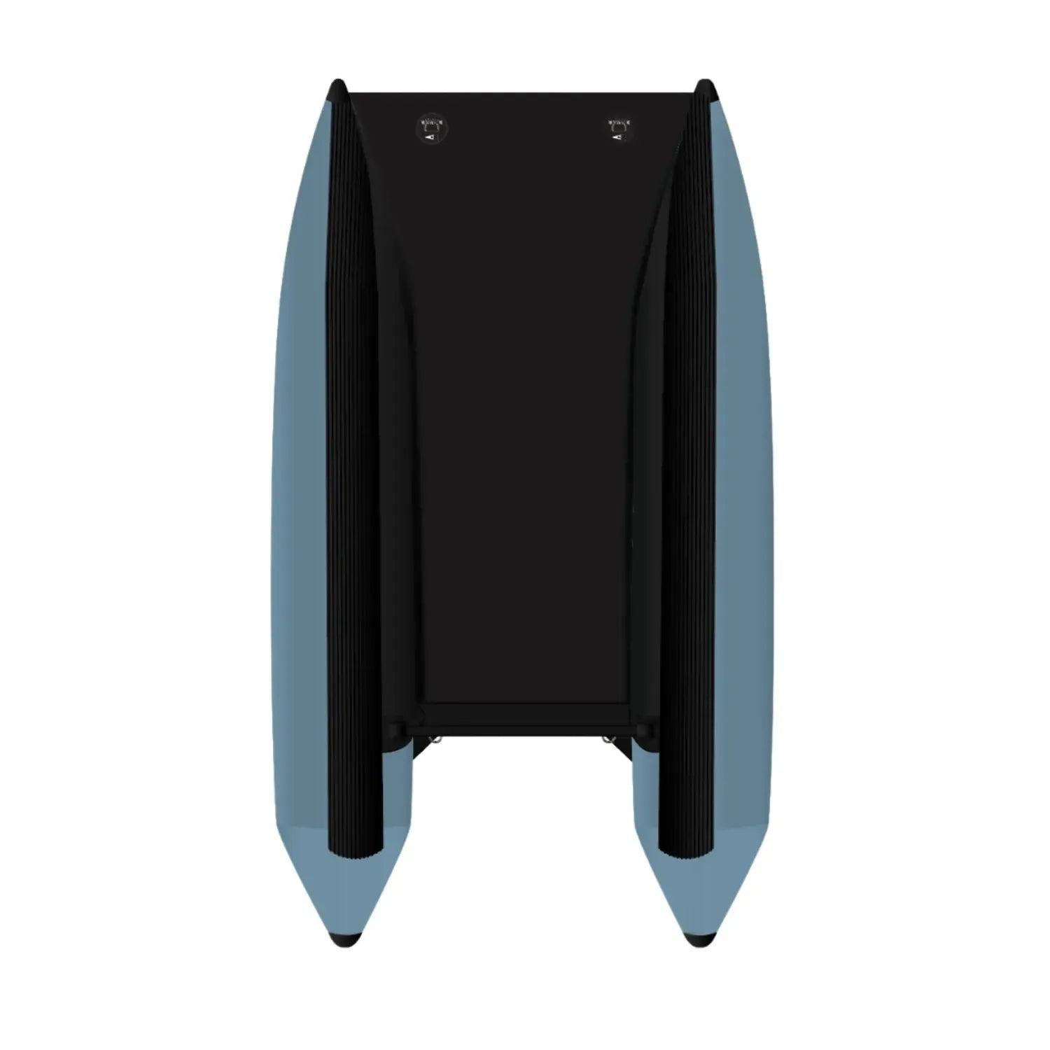 Back view of the Rover Marine Battle Cat inflatable boat, showcasing its dual pontoons, reinforced bottom, and sturdy transom design for mounting an outboard or electric motor.