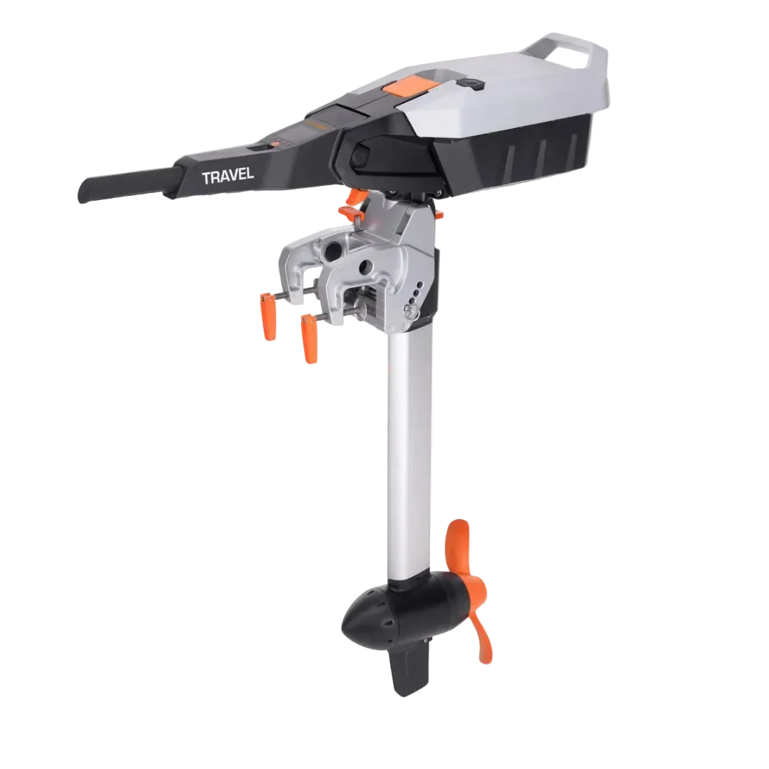 Torqeedo Travel S electric outboard motor, full side view showing the battery head with TRAVEL-branded tiller handle, transom mount, long shaft and orange propeller