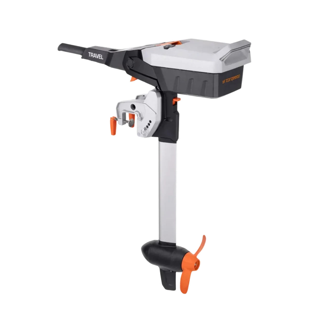 Torqeedo Travel S electric outboard motor, side view showing the battery head with tiller handle, transom mount bracket, long shaft and orange propeller