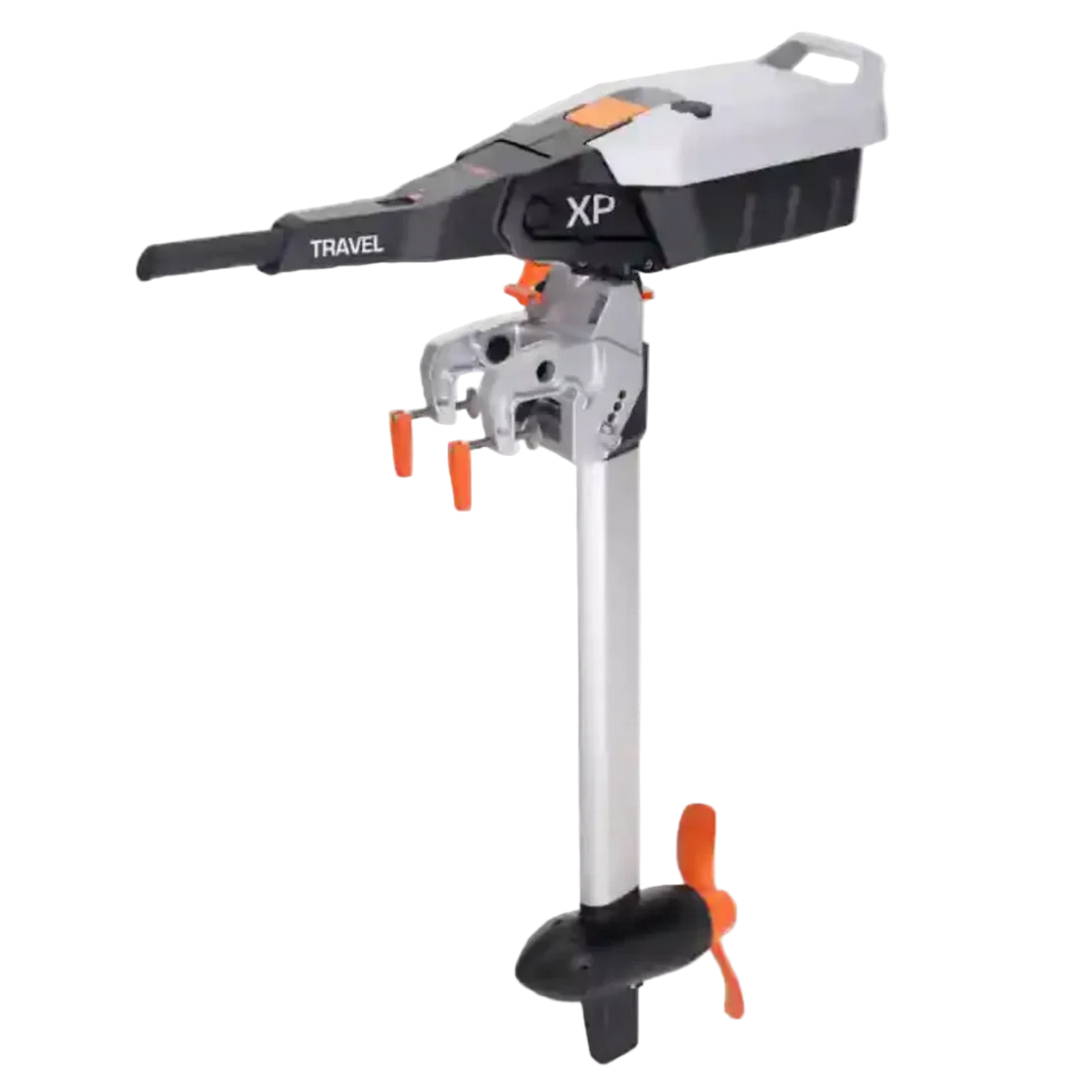 Torqeedo Travel XP electric outboard motor, full side view showing the battery head with XP branding and TRAVEL tiller handle, transom mount, long shaft and orange propeller