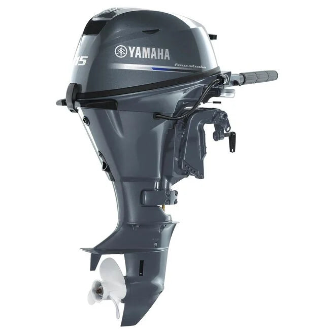 Yamaha 15 HP 4-stroke tiller outboard motor, front three-quarter view