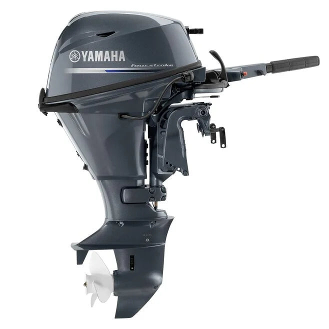 Yamaha 15 HP 4-stroke tiller outboard motor, side profile view